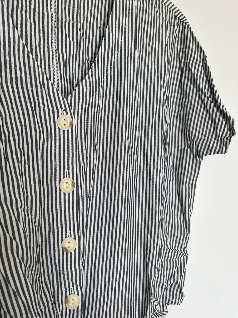 Striped Button-Front V-Neck Top in Navy and White